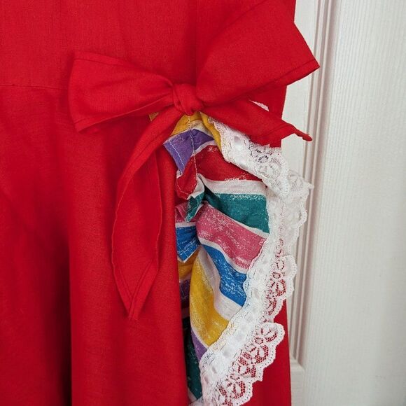 Vintage Rockmount Ranch Wear Dress - 16 - Red & Rainbow w/ Ruffles, Bows, Lace - Picture 4 of 15